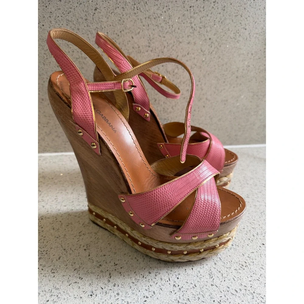 Dolce & Gabbana Pink Lizard Embossed Wood Wedge Sandals Studded Platform 41
